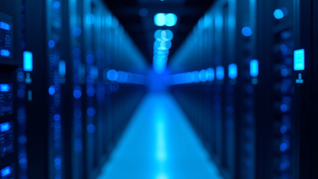 Mūsdienu serverus un datnes centru infrastruktūra ar sarkanām gaismiņām un kabēļiem